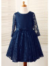 Navy Blue Lace Long Sleeves Slit Back Knee Length Flower Girl Dress  